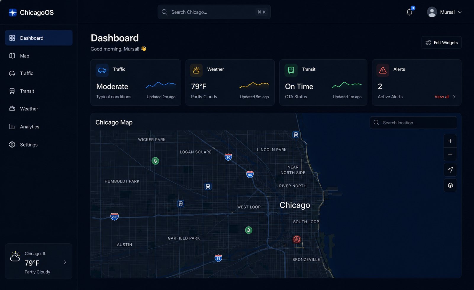 ChicagoOS dashboard showing a dark-themed live map of Chicago with traffic, weather, and transit widgets